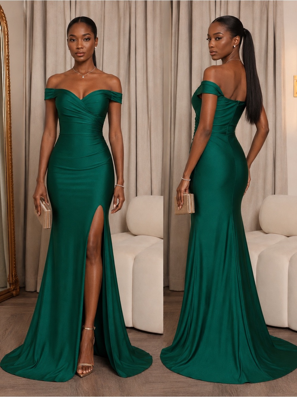 Fashion Nova Emerald Green Off Shoulder Ruched Formal Gown XS
